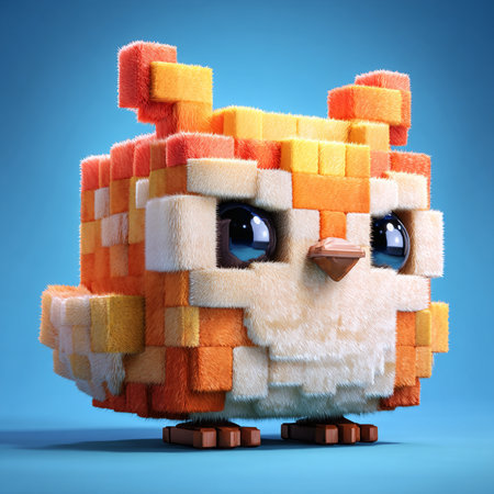 Cute owl made of colorful toilet paper on blue background. 3D illustrations.の素材