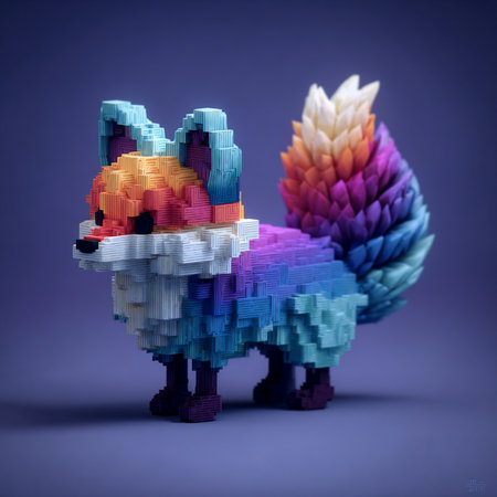 3D rendering of a colorful dragon made of plastic blocks on a blue backgroundの素材