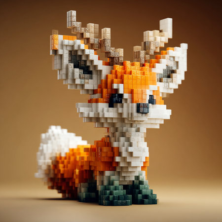 3d render of a rabbit made out of cubes on a brown backgroundの素材