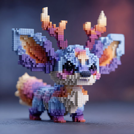 3d render of a rabbit made of colorful pixels on a dark backgroundの素材