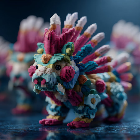 Colorful handmade toy dragon on a blue background. Selective focus.の素材