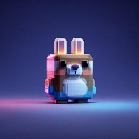 3d rendering of a robot on a blue background with neon lightsの素材