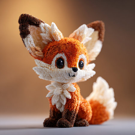 Cute little toy fox with knitted scarf on a brown backgroundの素材