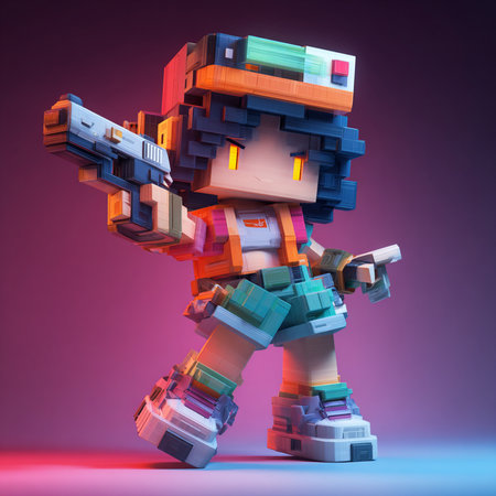 3d render of pixelated robot with colorful boxes on purple backgroundの素材