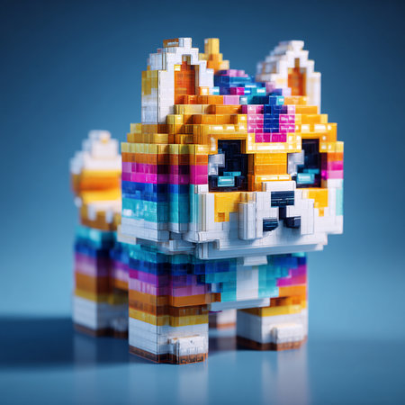 Colorful plastic toy blocks on blue background. 3d illustration.の素材