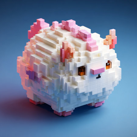 3d render of a little house made of cubes on blue backgroundの素材