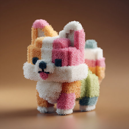Cute dog made of multicolored towels on a brown backgroundの素材