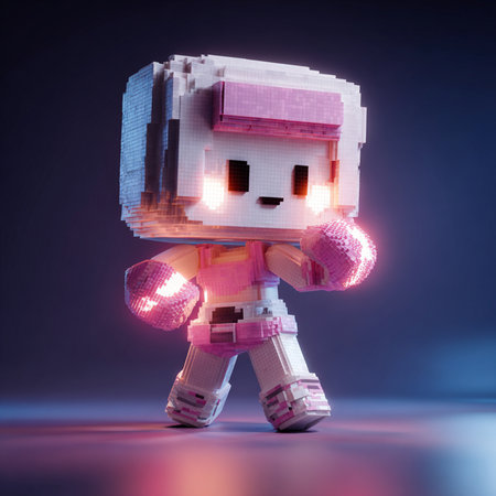 3D render of a cute robot on a dark background with a neon lightの素材