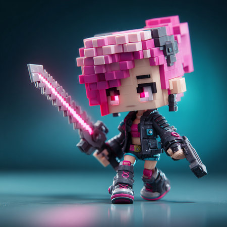 3D CG rendering of cyberpunk robot with pink and blue backgroundの素材