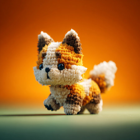 Funny knitted fox toy on orange background. Shallow depth of fieldの素材