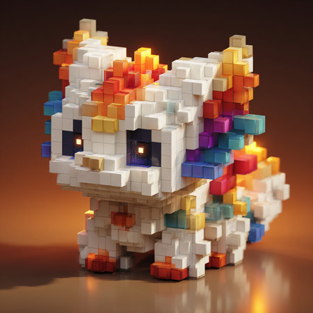 3D render of a cat made of colorful cubes with candles in the centerの素材