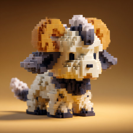 3D render of a dog made of pixelated building blocks.の素材