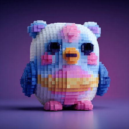 3d rendering of a little bear made of cubes on a purple backgroundの素材