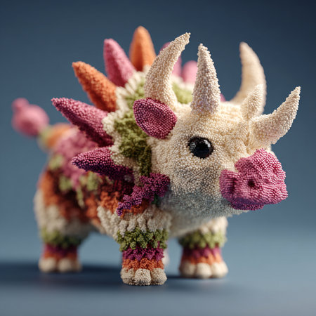 Triceratops dinosaur made of yarn on a blue backgroundの素材
