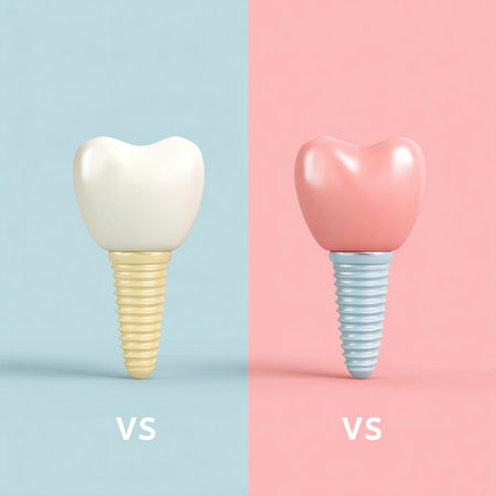 Tooth implant and dental floss on blue and pink background.の素材
