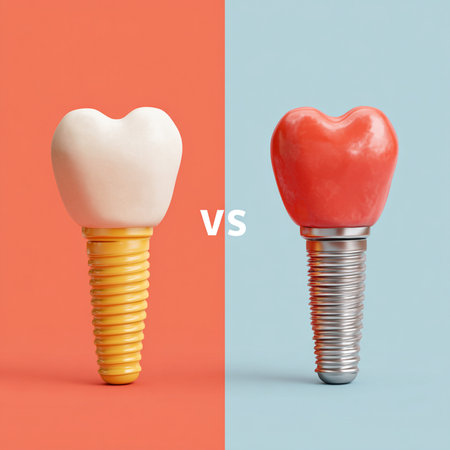 Tooth implant and red heart on a blue and orange background.の素材