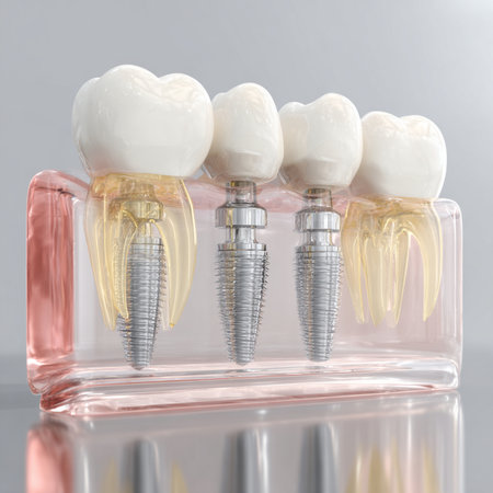 Dental crowns in a transparent container on a gray background.の素材