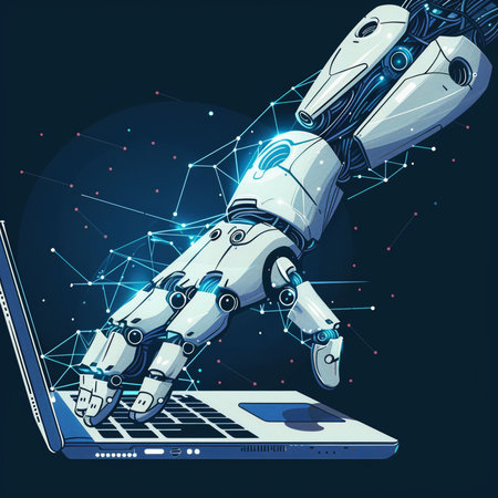 Vector futuristic robot hand with laptop on blue background. Artificial intelligence concept.の素材