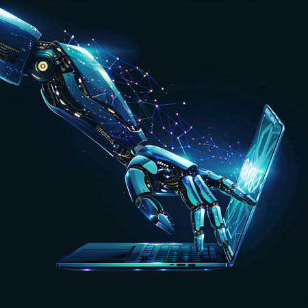 3d rendering artificial intelligence robot hand working with laptop on dark backgroundの素材