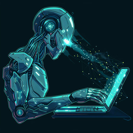 Cyborg with laptop. Artificial intelligence concept. 3D illustrations.の素材