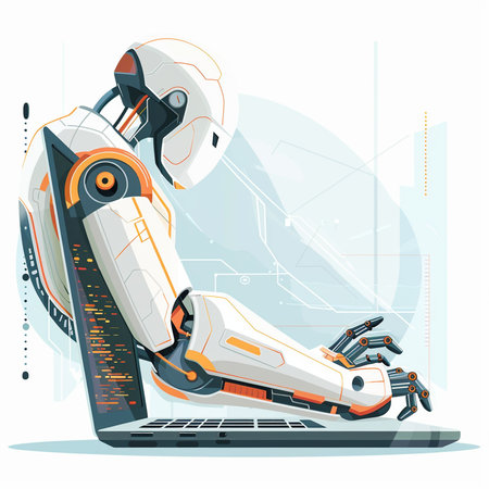 Robot working on laptop. Artificial intelligence concept. Vector illustration.の素材