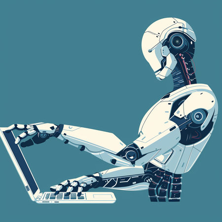 Robot working on a laptop. Vector illustration in retro style.の素材