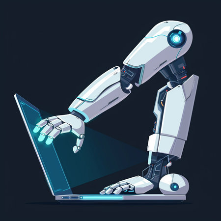 Robot working on a laptop. Artificial intelligence concept. Vector illustrationの素材