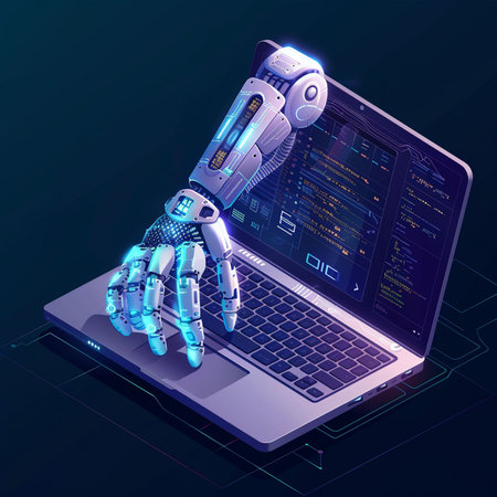 Robot typing on laptop. Artificial intelligence concept. 3d vector illustrationの素材