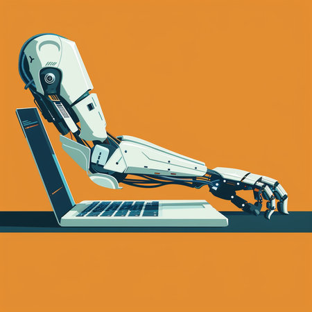 Robot working on laptop. Artificial intelligence concept. Vector illustration.の素材