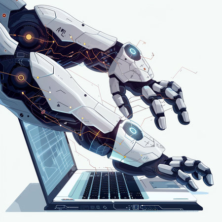 Robot hand with laptop. Artificial intelligence concept. Vector illustration.の素材