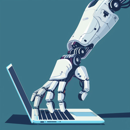 Robot working on a laptop. Artificial intelligence concept. Vector illustrationの素材