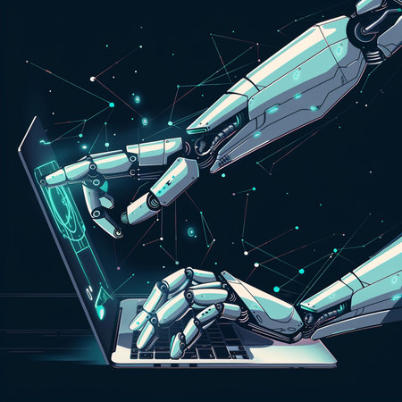 Robot hand with a laptop on a dark background. Vector illustration.の素材