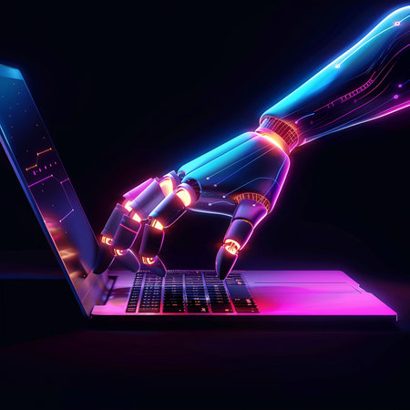 3d rendering robotic hand holding laptop with glowing neon light on dark backgroundの素材