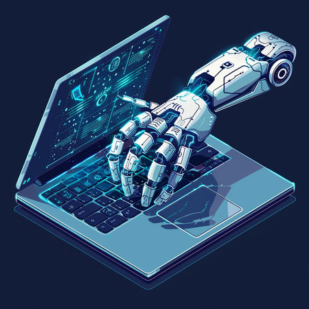 Robot hand on laptop. Artificial intelligence concept. 3d vector illustrationの素材
