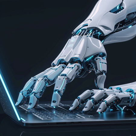 Robot hand typing on laptop keyboard. 3d rendering toned imageの素材