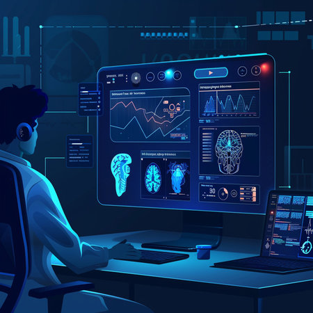 Vector illustration of a man in headphones working on a laptop in a dark room with a virtual projection of the brain.の素材