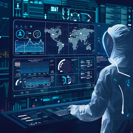 Hacker in protective suit working with virtual panel with charts and graphsの素材