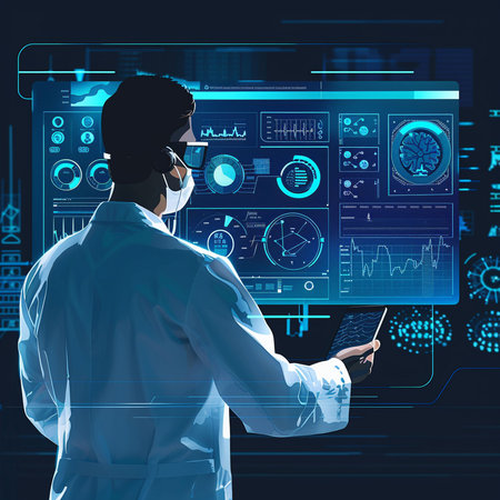 Scientist in white coat and protective glasses using tablet computer. Research concept. Double exposureの素材