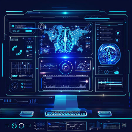 Abstract future, concept vector futuristic blue virtual graphic touch user interface HUD. For web, site, mobile applications isolated on black background, techno, online design, business, gui, ui.の素材