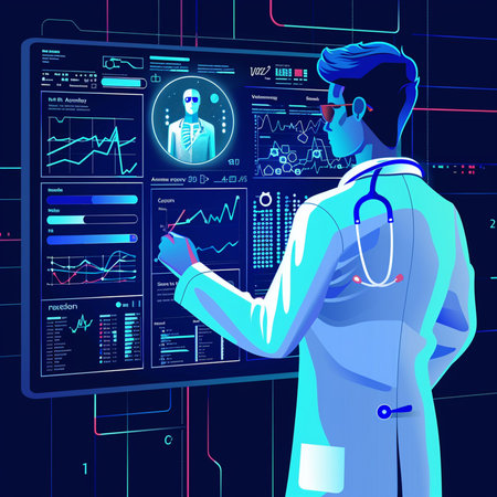 Vector illustration of doctor with stethoscope and virtual screen. Concept of healthcare and medicine.の素材