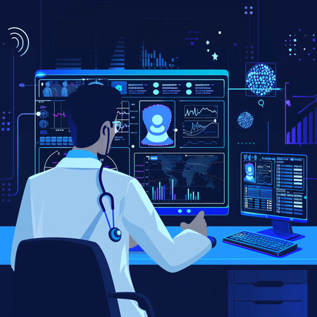 Scientist in white coat and stethoscope working on the computer monitor. Vector illustration.の素材
