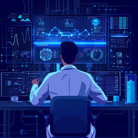 Back view of young man in suit sitting at desk in office and working on virtual screens with infographics. Concept of big data, analysis, analytics, business strategy. Vector illustrationの素材