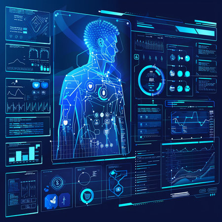 Abstract futuristic blue virtual graphic touch user interface HUD. AI robot, cyborg, cyborg, machine learning, artificial intelligence, machine learning, cloud computing, neural networks. Futuristic vector illustration.の素材