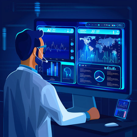Scientist in lab coat working on computer at laboratory. Vector illustrationの素材