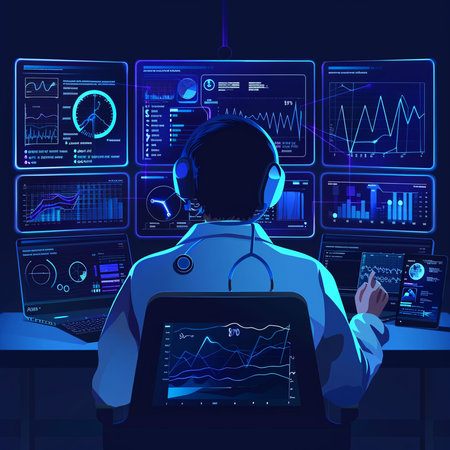 Vector illustration of a call center operator with headset in front of a monitor with charts.の素材