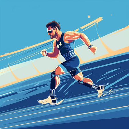 Vector illustration of a man running on the bridge. Sportsman.の素材