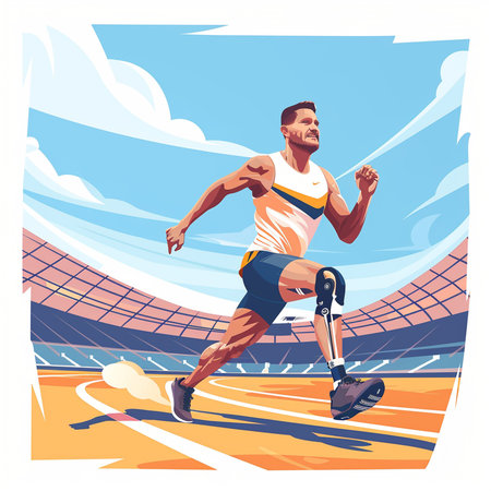Man with prosthetic leg running at the stadium. Vector illustration.の素材