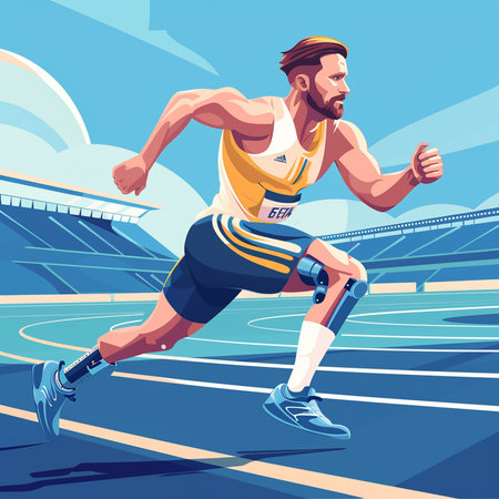 Man running on stadium track. Athlete in sportswear and cap. Vector illustrationの素材