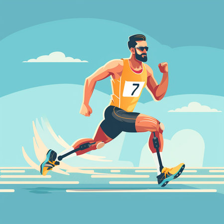 Man with prosthetic leg running in the park. Vector illustration.の素材