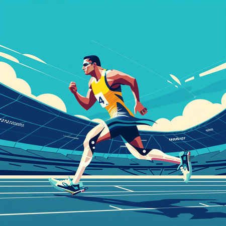 Running man in sportswear and glasses on the stadium track, vector illustrationの素材